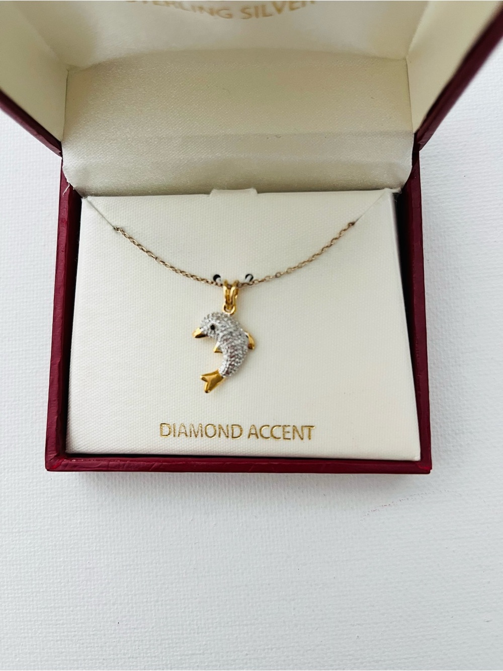 18 K Gold-plated Sterling Silver Diamond Accent Dolphin Pendant Necklace NEW
